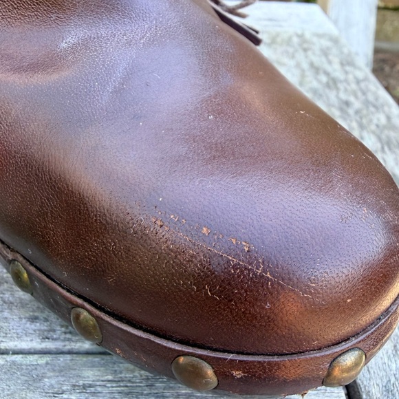 Coach Brown Leather Platform Mules with brass studs and accents. - Picture 13 of 15